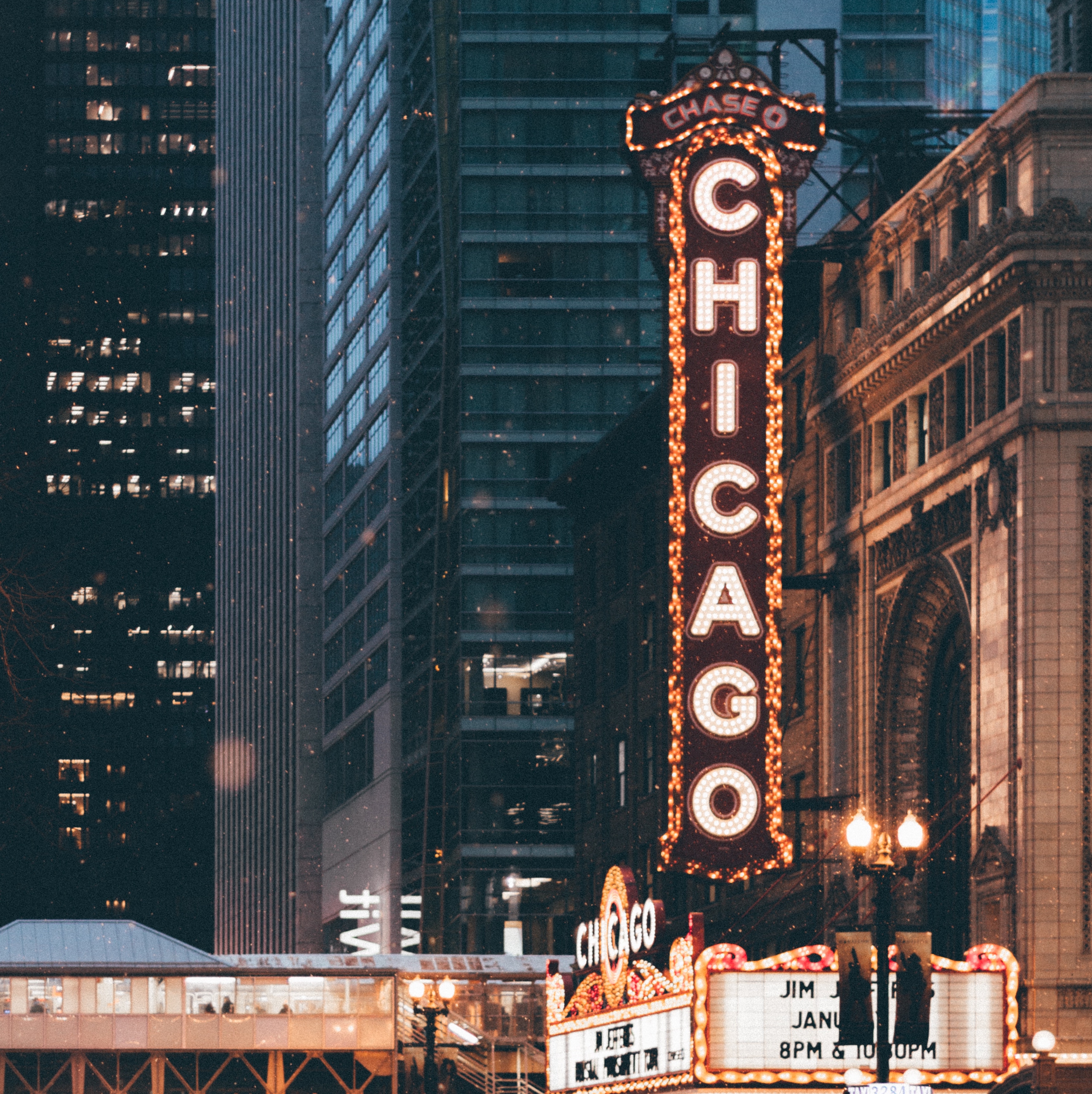 The Chicago Theatre sign at night